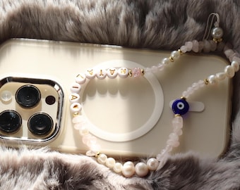 Custom Name Phone Charm • Real Pearl Rose Quartz Phone Strap • Evil Eye Protection Phone Wristlet • Genuine Crystal Beaded Lanyard Gift