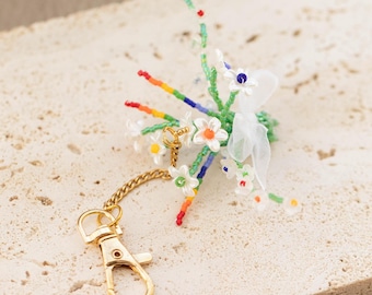 Rainbow Pride Bag Charm . Subtle LGBT Beaded Flower Keychain . Pride Month Gift . Beaded Bouquet Purse Charm . Queer Aesthetic Floral Gift