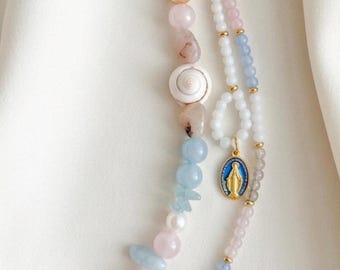 Virgin Mary Bag Charm • Shell Coastal Purse Accessory • Christian Beaded Keychain • Aquamarine Car Charm • Spiritual Gift for Women Pink