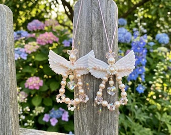 Angel Garden Hanging Decor, Outdoor Patio Ornament, Handmade Pearl Beaded Angel, Boho Terrace & Porch Decoration