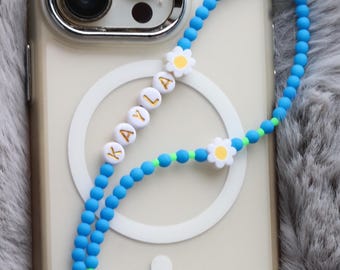 Custom Name Phone Charm • Blue and White Daisy Beaded Phone Strap • Y2K Aesthetic Phone Wristlet • Personalized Gift for Her Beaded Lanyard