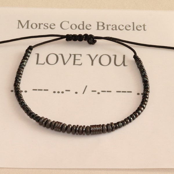 BRACELET HOMME Code Morse Cadeau de fête des pères pour mari, papa, frère, fils Bracelet nom personnalisé, bracelet hématite, cadeau pour homme petit ami