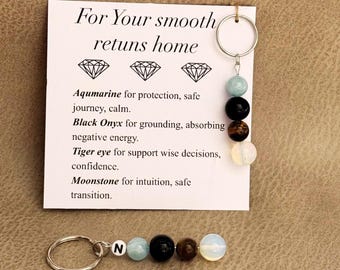 Smooth Returns Home Keychain, Personalized Initial Bead Natural Stone Keyring, Aquamarine Black Onyx Tiger Eye Moonstone, Protection Gift