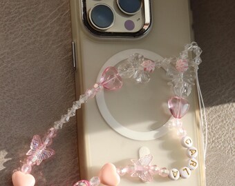 Custom Name Phone Charm • Coquette Pink Aesthetic Phone Strap • Personalized Gift for Her • Beaded Heart Butterfly Phone Wristlet Lanyard