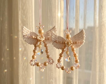 Angel Suncatcher Handmade Pearl & Crystal Window Hanging, Sparkly Beaded Angel, Boho Rainbow Maker Home Decor