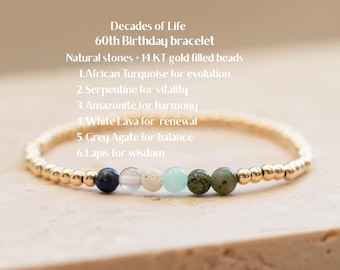 60th Birthday Gift for Women, 6 Decades Bracelet, 14k Gold Filled, Sterling Silver or Black Seed Beads, Sixtieth Birthday Heritage Gift