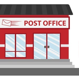 May include: A red brick building with a black roof and a sign that says "POST OFFICE". There is a red post box with the word "POST" on it in front of the building.