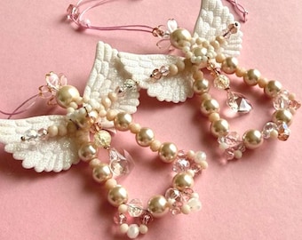 Angel Christmas Ornament Hand made Pearl Beaded Guardian Angel, Sparkly Wings Xmas Tree Decoration, Boho Holiday Gift