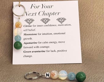 New Beginnings Crystal Keychain . Personalized Initial Gift for New Job . Moonstone Citrine Aquamarine Keyring . Good Luck Graduation Gift
