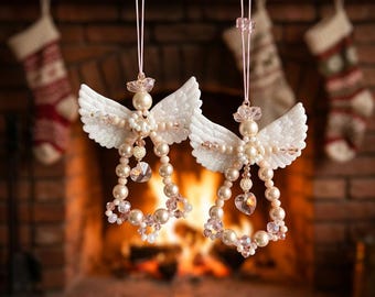 Angel Christmas Ornament Handmade Pearl Beaded Guardian Angel, Sparkly Wings Xmas Tree Decoration, Boho Holiday Gift