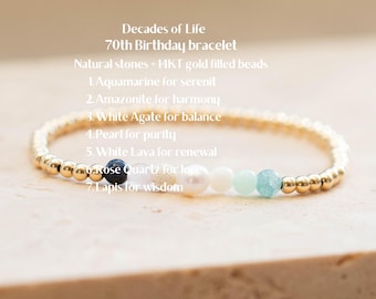 70th Birthday Gift for Her, 7 Decades Bracelet, 14k Gold Filled, Sterling Silver or Black Seed Beads, Seventieth Birthday Serenity Gift