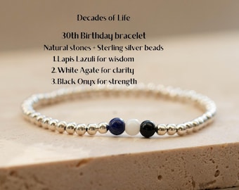 30th Birthday Gift for Women, 3 Decades Bracelet, 14k Gold Filled, Sterling Silver or Black Seed Beads, Thirtieth Birthday Gemstone Gift