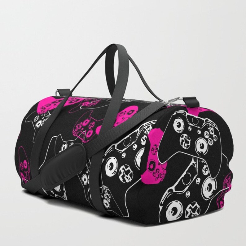 pink black duffle bag