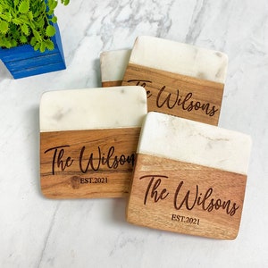 Marble & Wood Coasters Ser| Coasters| Laser Engraved| Engraved Coaster| Gift Set| Hostess Gift| Marble| Wood| Coasters