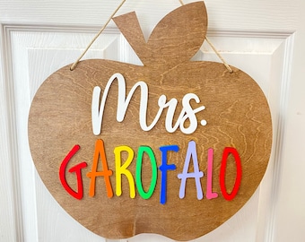 Apple Wooden Door Hanger Rainbow Name | Back to school | Teacher gift | Classroom Decor| Teacher Apple Sign| Teacher Apple Door Hanger