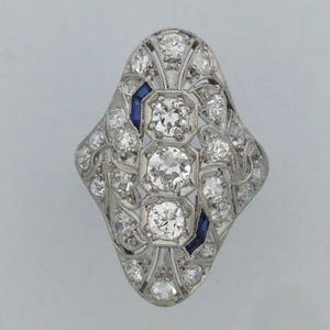 Art Deco Style Platinum Ring with Rose Cut Natural Diamonds and Sapphire