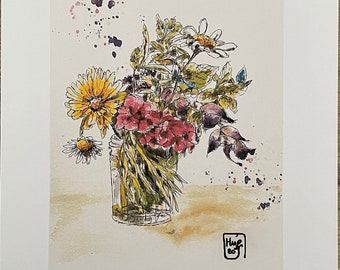 Painting of flowers in a vase, print from my original watercolor on beautiful satin paper, wall decoration. Direct artist