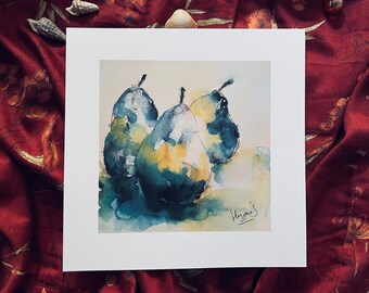 Drei Birnen, Original Aquarelldruck, Botanische Malerei, Wanddekoration