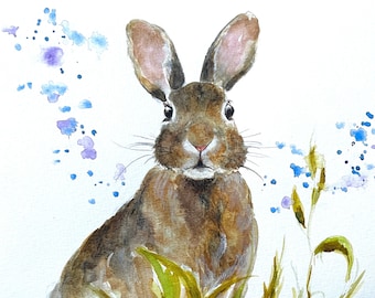 Gemälde eines kleinen Kaninchens, original handgemaltes Aquarell, Landtier, Naturwandkunst