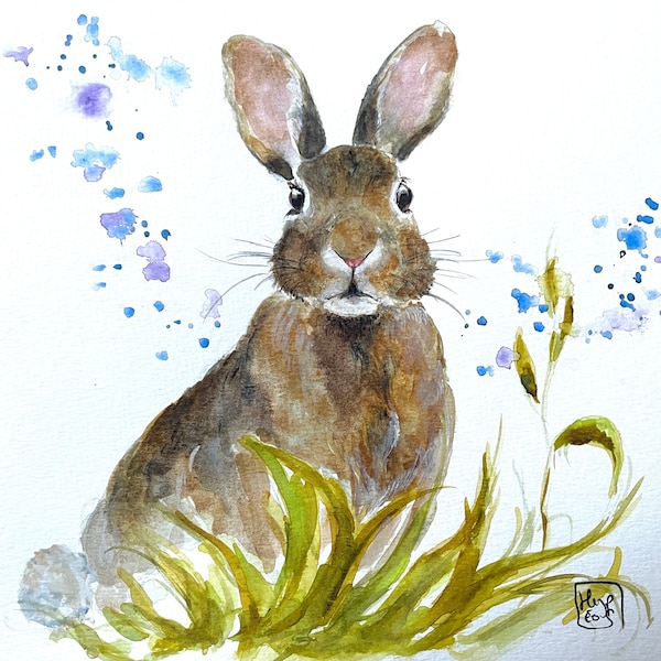 Peinture d’un petit lapin, aquarelle originale peint main, animal de la campagne,  art mural de la nature