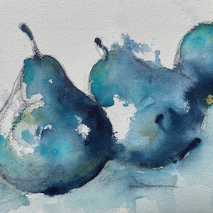 Pere, dipinto a mano originale su carta, natura morta, acquerello migliorato con matita, dipinto di frutta, arte murale, per cucina