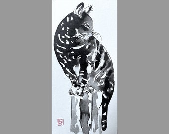 Dessin de chat encre de chine. Exemplaire unique fait main sur papier. Dessin animalier de chat  pour la décoration de la maison