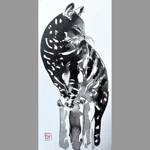 Dessin original de chat encre de chine. Exemplaire unique fait main sur papier. Dessin animalier de chat  pour la décoration de la maison,