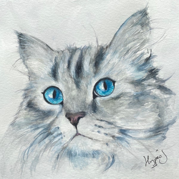 Portrait de petit chat aux yeux bleus, aquarelle originale peint main, peinture aquarelle de chat,  décoration mur, art mural