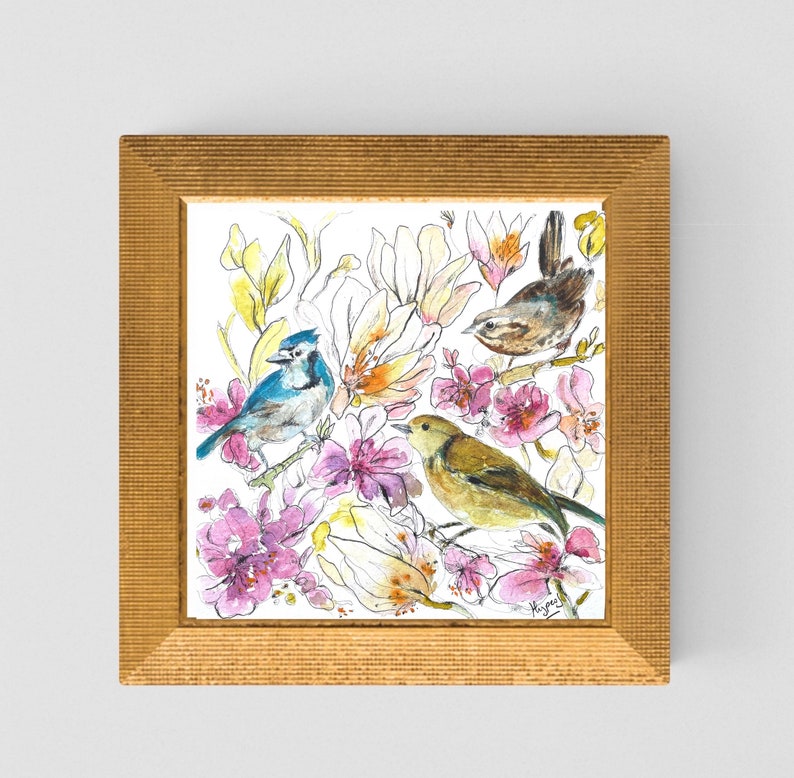 Originale Gartenvögel, Tusche und Aquarell, Komposition mit handgemalten Blumen auf Papier, direkter Künstler, Wandkunst, ideales Geschenk Bild 3