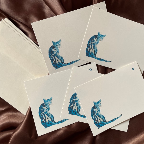 Chat bleu , cartes avec enveloppes, 5 cartes et 5 enveloppes d’après mon aquarelle originale, papeterie fantaisie