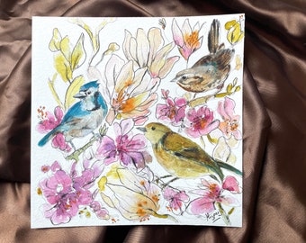 Original, oiseaux des jardins, encre et aquarelle, composition avec des fleurs peint main sur papier, direct artiste, art mural