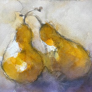 Pere, dipinto a mano originale su carta, natura morta, acquerello migliorato con matita, dipinto di frutta, arte murale, per cucina