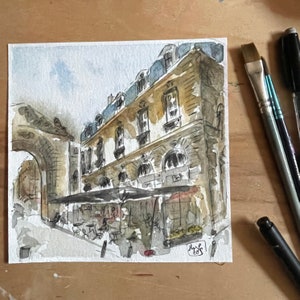 Arte urbana, originale dipinto a mano, rue de Bordeaux. Pittura ad acquarello e china su carta, diretta dell'artista, decorazione murale. Arte della parete