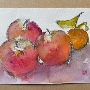 Mele rosse e mandarino, originale dipinto a mano su carta, acquerello, pittura di frutta, arte murale, ideale per decorare la cucina