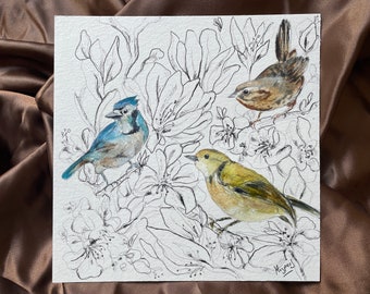 Oiseaux des jardins, original encre et aquarelle, composition avec des fleurs peint main sur papier, direct artiste, art mural