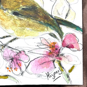 Originale Gartenvögel, Tusche und Aquarell, Komposition mit handgemalten Blumen auf Papier, direkter Künstler, Wandkunst, ideales Geschenk Bild 8