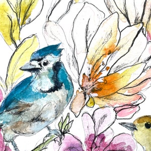 Originale Gartenvögel, Tusche und Aquarell, Komposition mit handgemalten Blumen auf Papier, direkter Künstler, Wandkunst, ideales Geschenk Bild 4
