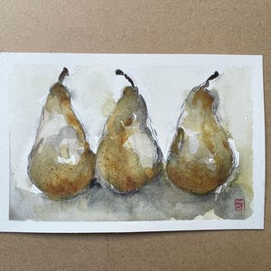 Pere, originale dipinto a mano su carta, acquerello, pittura di frutta, arte murale, ideale per decorare la cucina