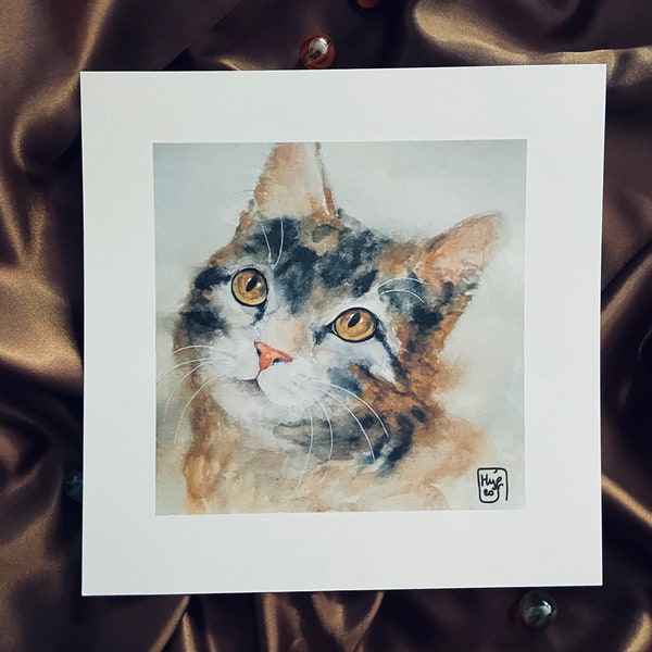 Portrait expressif de chat beige, noir, roux aux yeux verts bronze, impression d’art d’une aquarelle originale, décoration murale