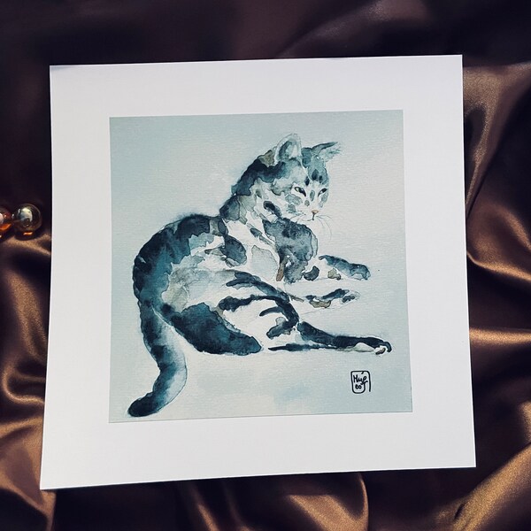 Chat noir, blanc, gris, impression d’art d’une aquarelle originale, décoration murale