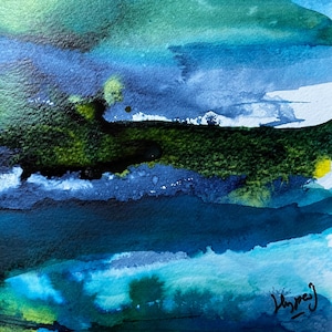 Paesaggio meditativo astratto 1/9, tecnica mista, acquerello e inchiostri, dipinto originale a mano, artista diretto, pittura murale