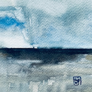 Imaginary landscape. Original abstract watercolor - small seascape 10x10 cm. Hand-painted wall art.