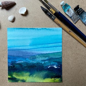 Paesaggio meditativo astratto 3/9, tecnica mista, acquerello e inchiostri, dipinto originale a mano, artista diretto, pittura murale