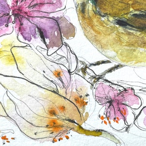 Originale Gartenvögel, Tusche und Aquarell, Komposition mit handgemalten Blumen auf Papier, direkter Künstler, Wandkunst, ideales Geschenk Bild 5