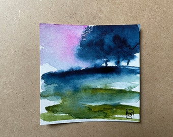 Petite aquarelle originale peint main sur papier épais, direct artiste,  paysage imaginaire , art mural, idéal cadeau