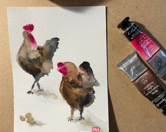 Two pretty hens, original hand-painted watercolor, for kitchen decoration, wall art, direct artist