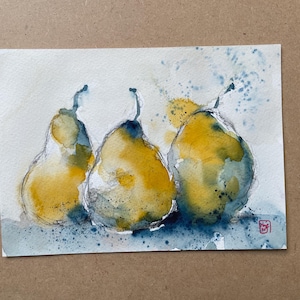 Pere, originale dipinto a mano su carta, pittura di frutta, arte murale, ideale per decorare la cucina
