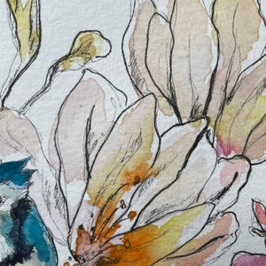 Originale Gartenvögel, Tusche und Aquarell, Komposition mit handgemalten Blumen auf Papier, direkter Künstler, Wandkunst, ideales Geschenk Bild 9