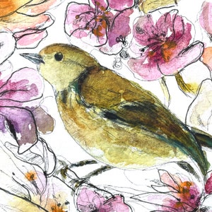 Originale Gartenvögel, Tusche und Aquarell, Komposition mit handgemalten Blumen auf Papier, direkter Künstler, Wandkunst, ideales Geschenk Bild 6