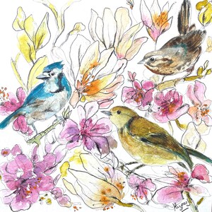 Originale Gartenvögel, Tusche und Aquarell, Komposition mit handgemalten Blumen auf Papier, direkter Künstler, Wandkunst, ideales Geschenk Bild 2